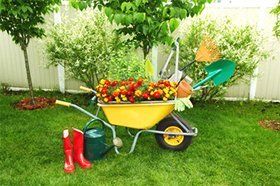 Yellow wheelbarrow full of red and yellow flowers