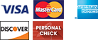 Visa, MasterCard, American Express, Discover, Personal Check Logos
