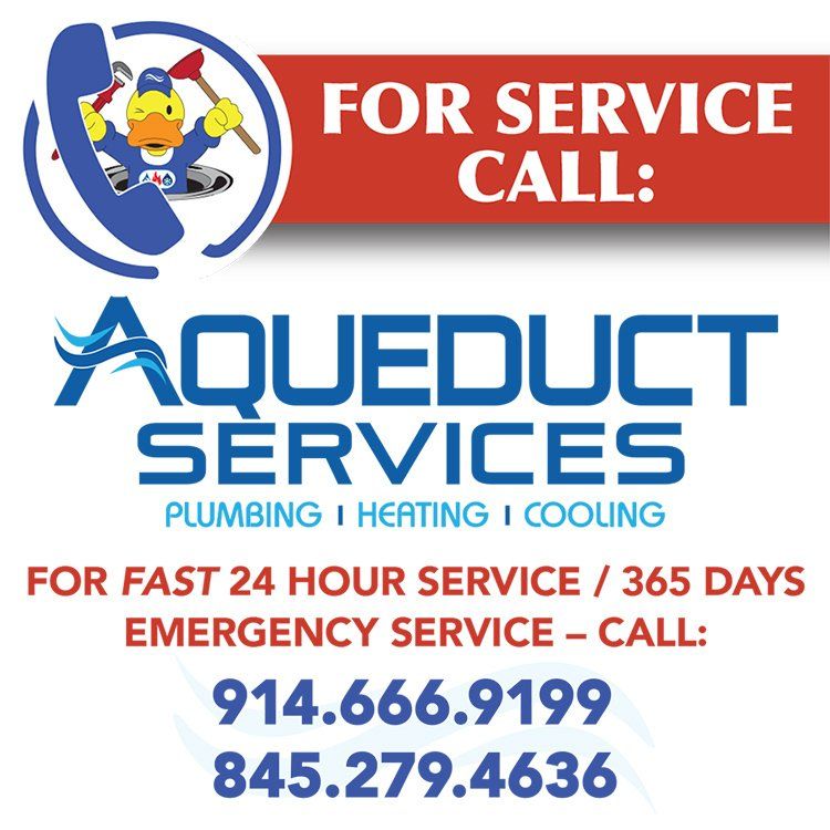 An ad for aquaduct services plumbing heating and cooling.