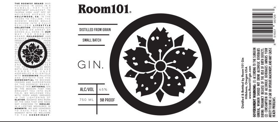 A black and white label for room 101 gin.