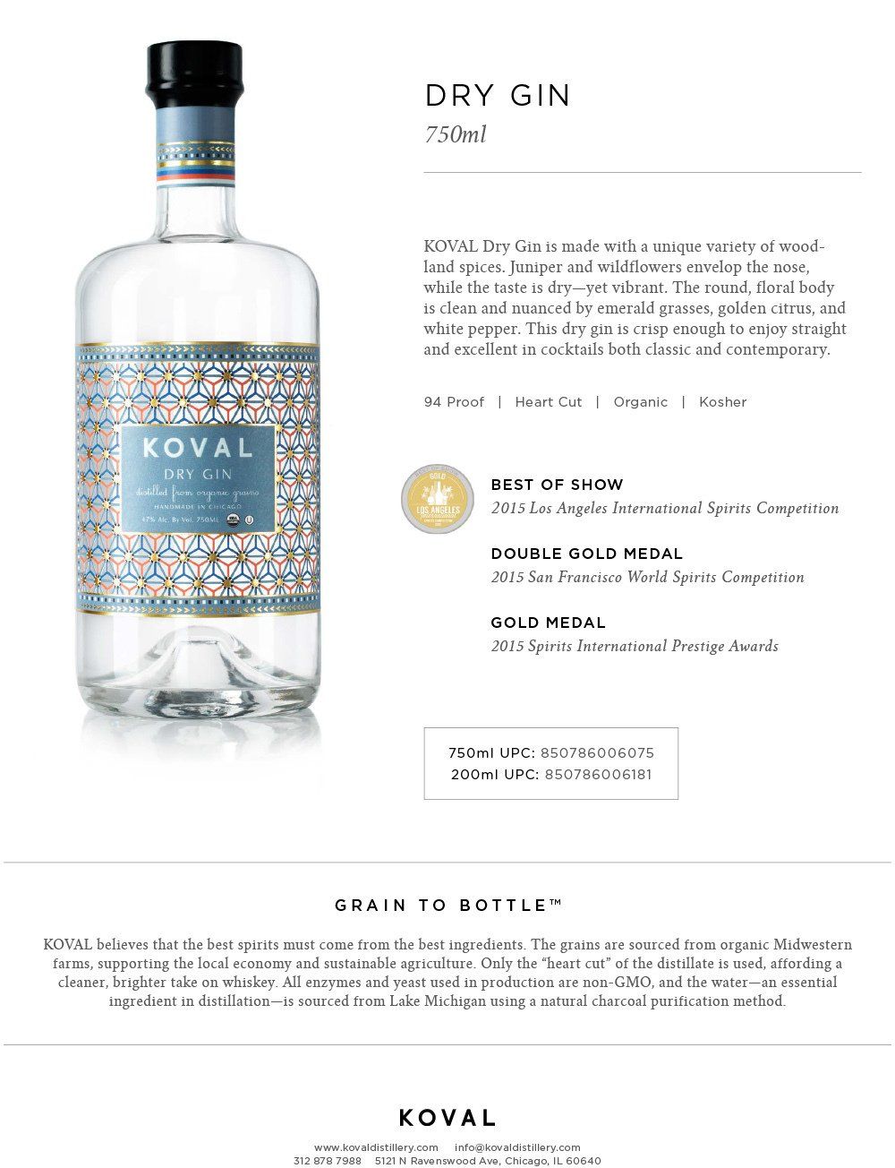 A bottle of Koval Dry Gin on a white background.