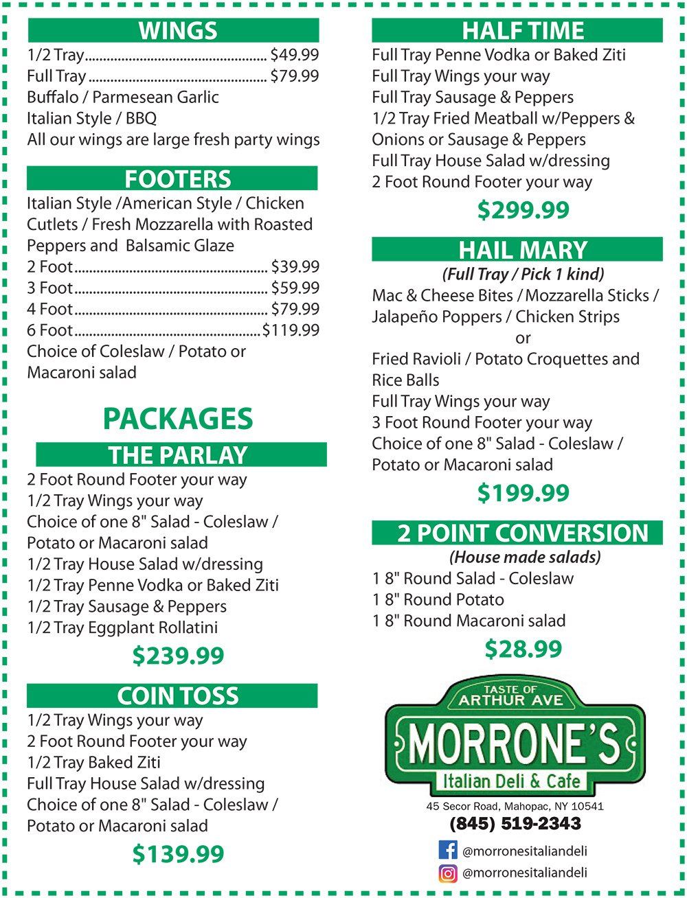 A menu for a restaurant called Morrone's.