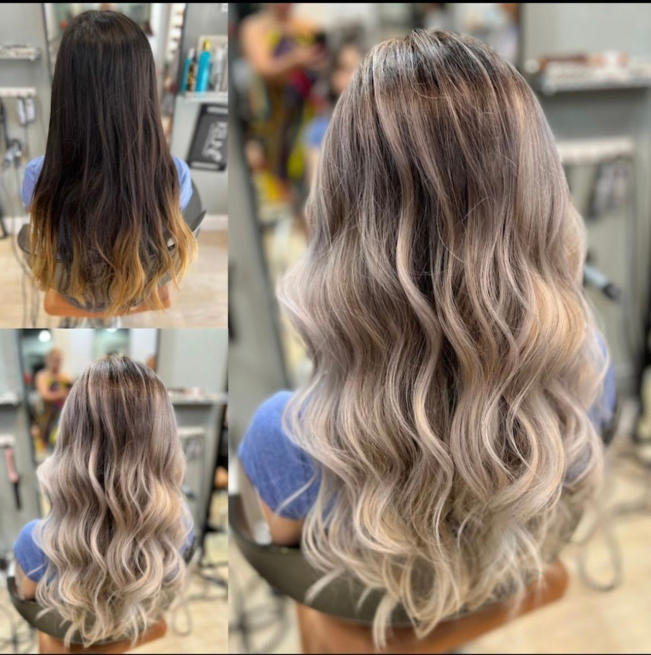Before and after of hair coloring. Dark hair transformed into a light, wavy ombre style.