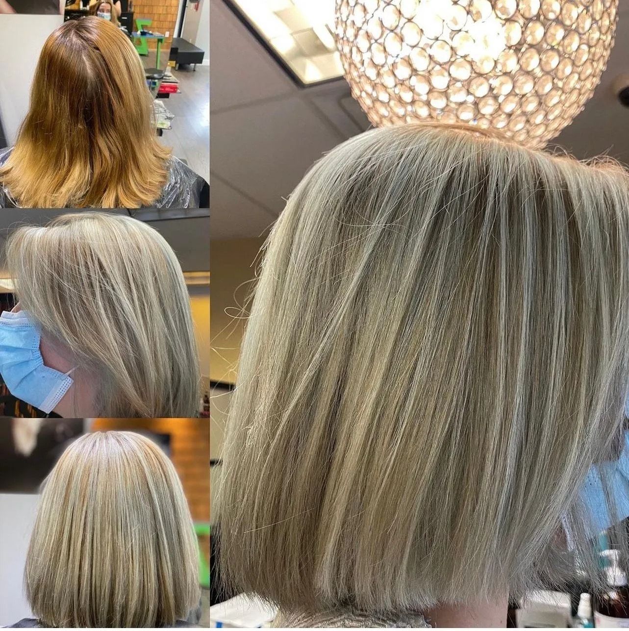 Before and after shots of blonde hair transformation at a salon.