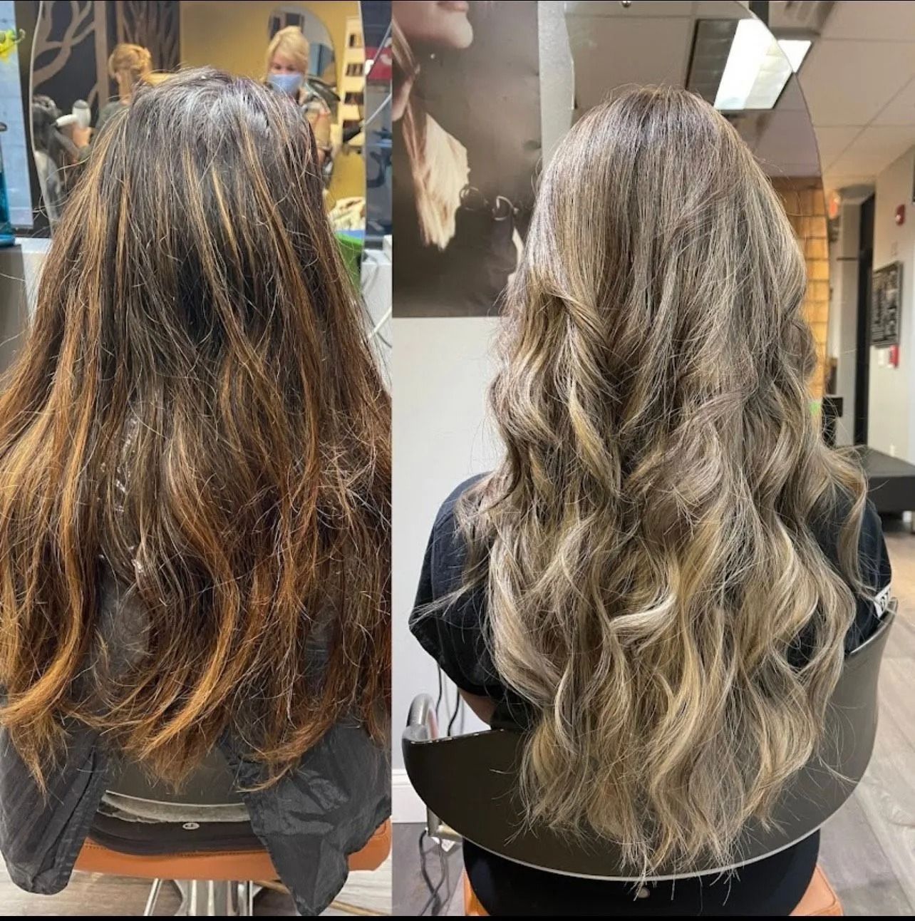 Hair transformation: Before with dark brown hair and after with blonde highlights.