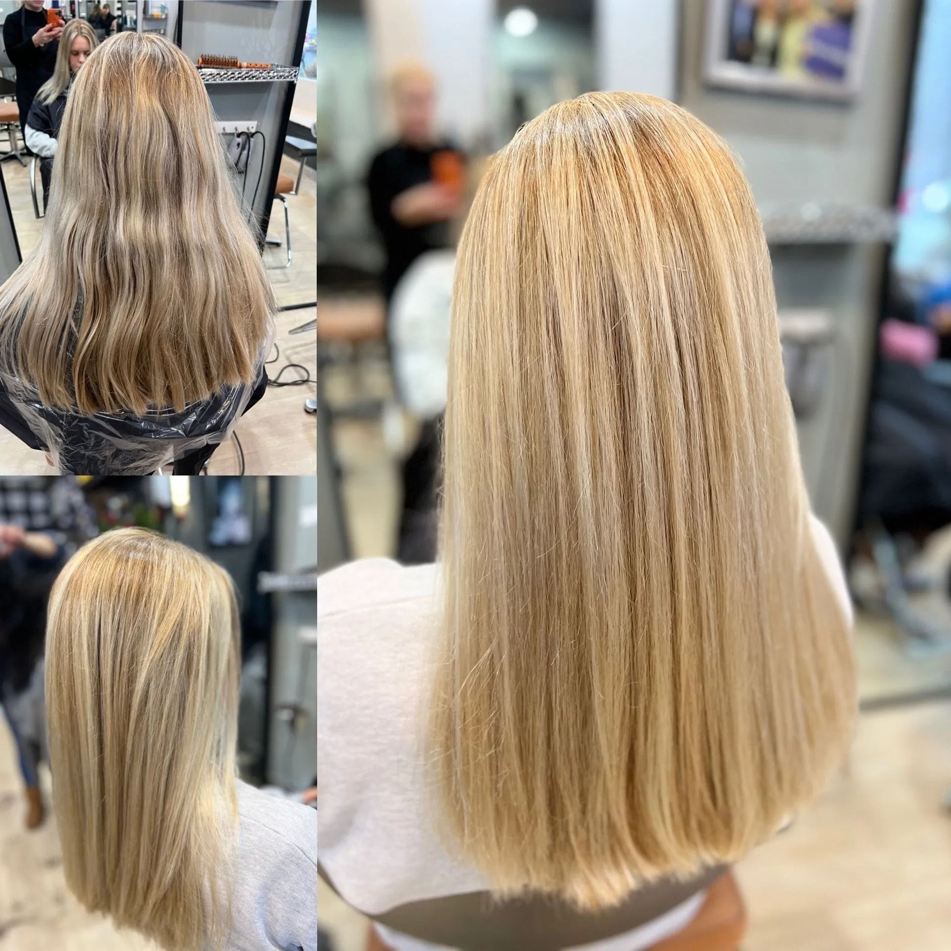 Hair transformation: bleached hair to smooth blonde. A woman sits in a salon.