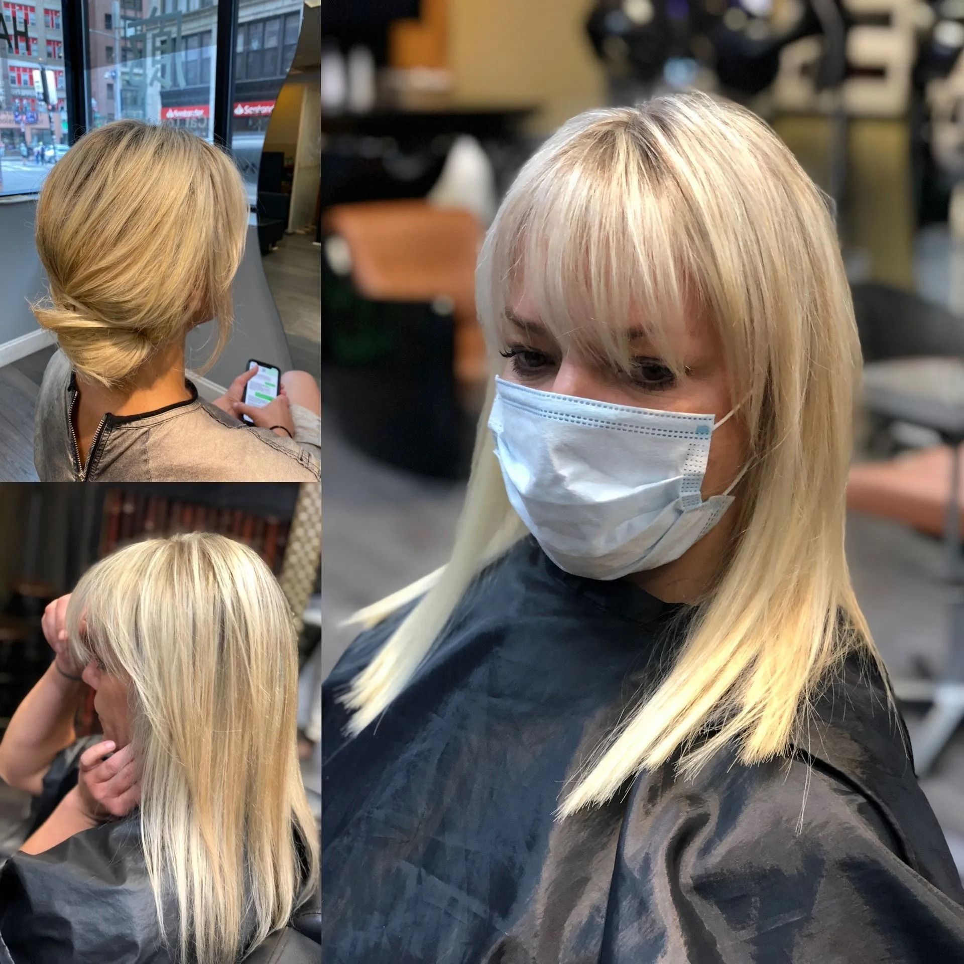 Woman with blonde hair and bangs wearing a face mask in a salon; close-up and side views show different styles.