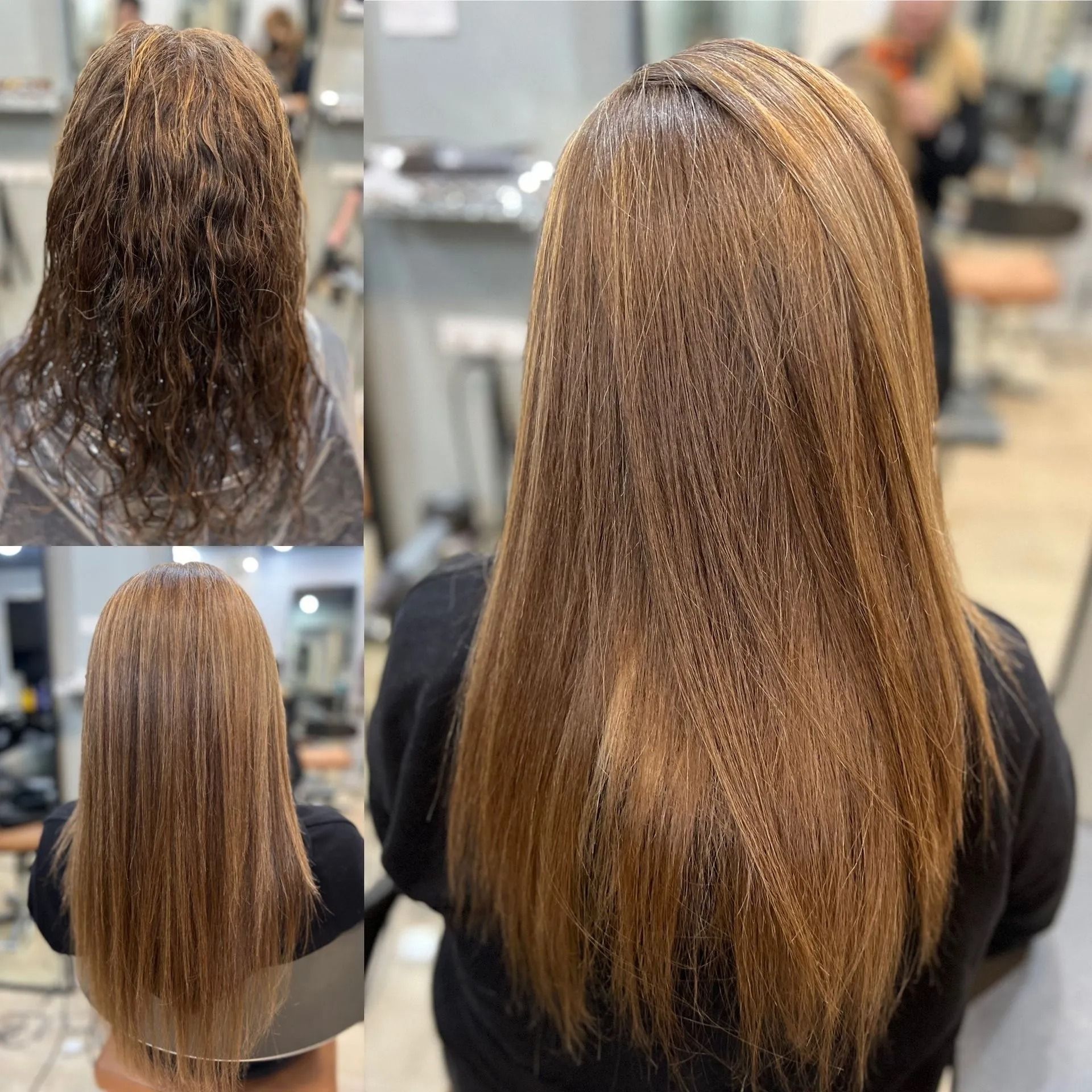 Before-and-after of hair: dry, frizzy hair transformed into straight, smooth, light brown hair.