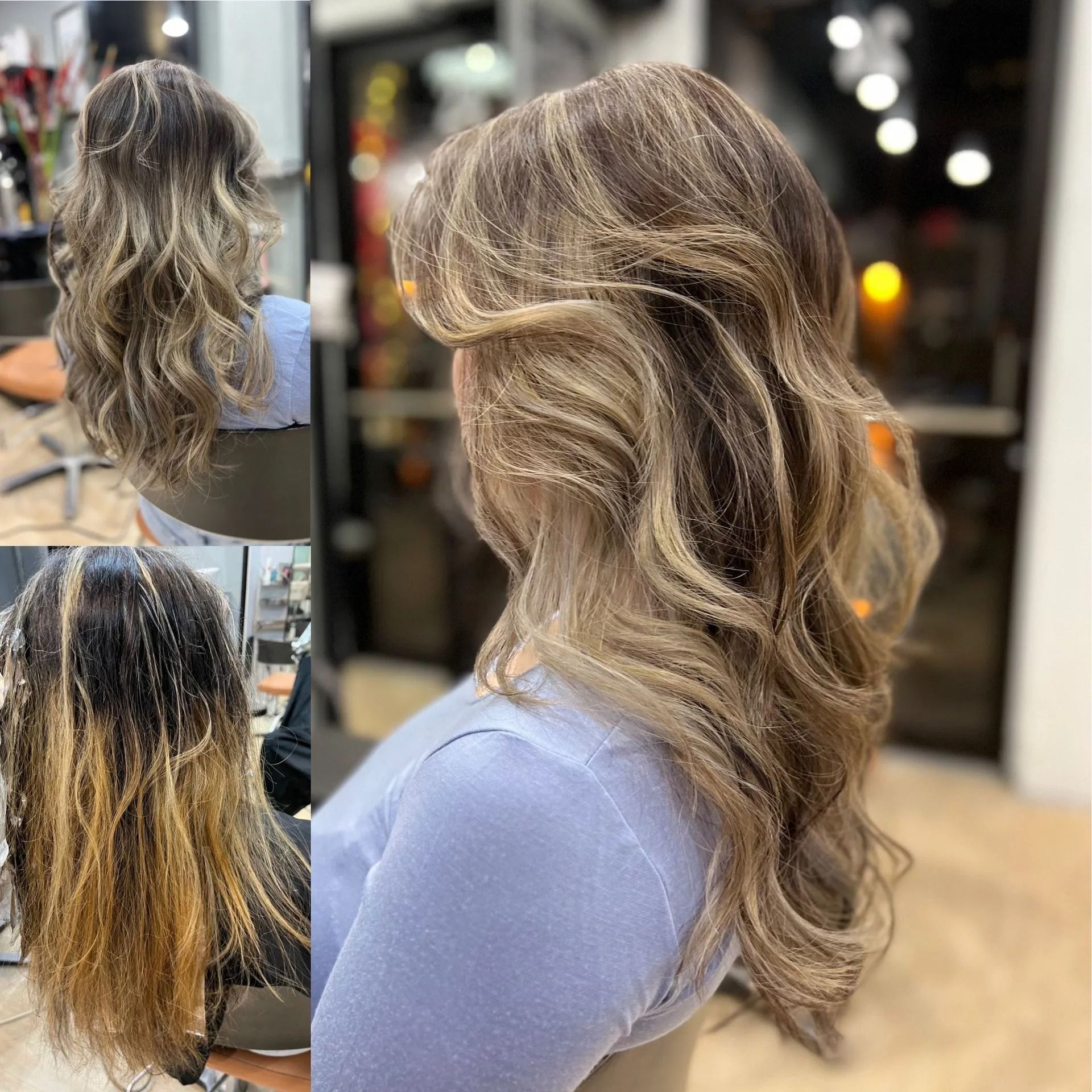 Woman with long wavy hair, before and after. Light brown hair with blonde highlights styled in soft waves.