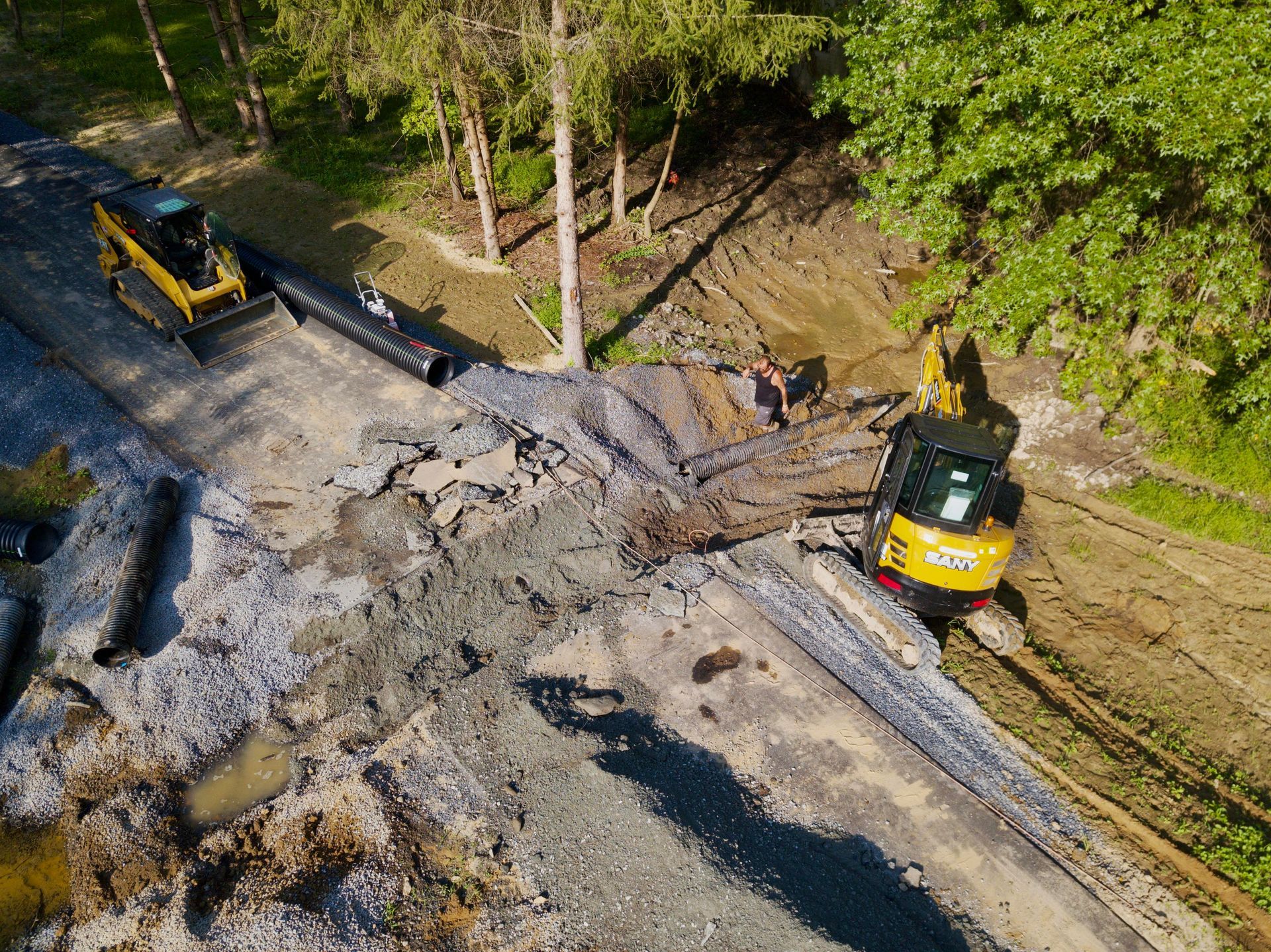 an aerial view of a construction site with a bulldozer and a excavator .