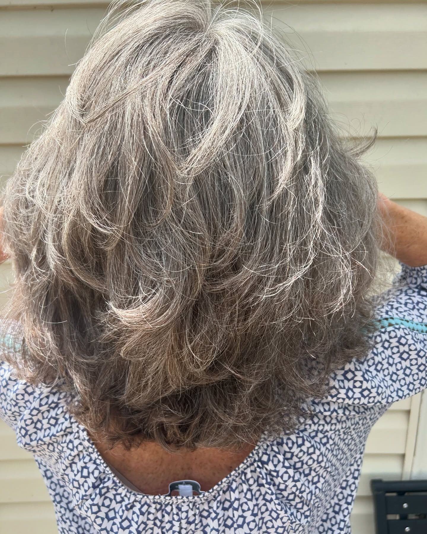 Woman's layered, gray hair, viewed from the back. Wearing a patterned top.
