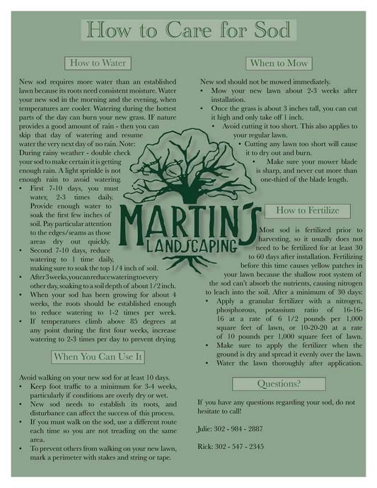 A flyer for martin 's landscaping shows how to care for sod