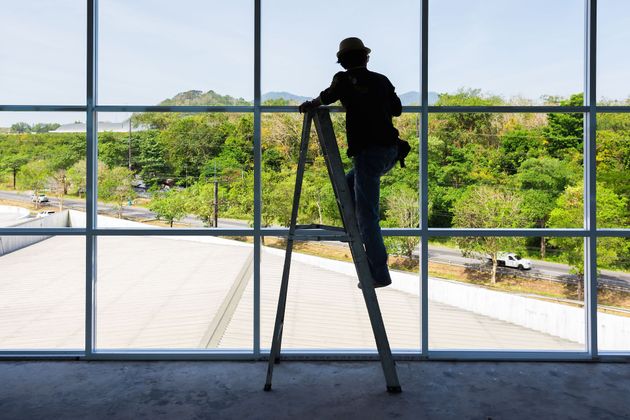 Silhouette of a worker on a ladder inside a window frame, overlooking a green landscape.