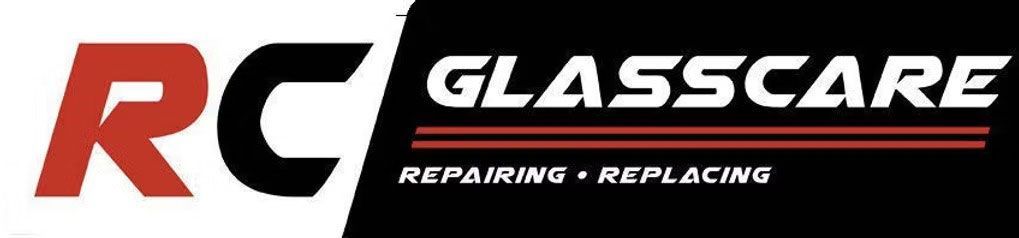 RC Glasscare logo with red and black text and the tagline &ldquo;repairing + replacing&rdquo;