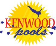 Kenwood Pools logo: Yellow burst with a diver silhouette, red text "KENWOOD," blue cursive "pools," and blue water droplets.