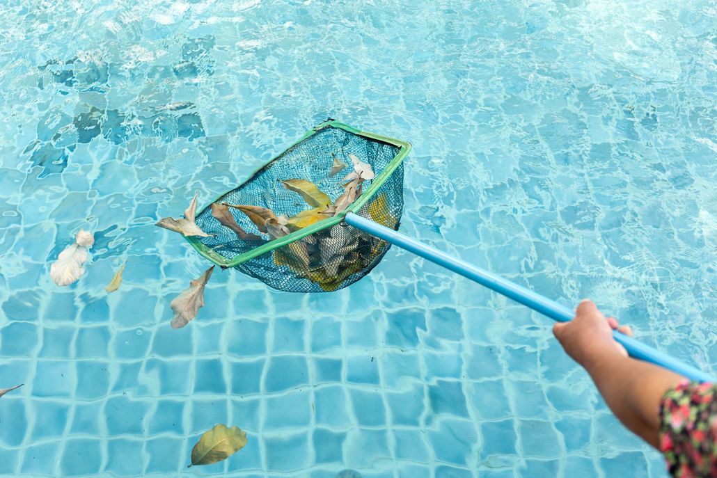 Hand using a net to scoop debris from a swimming pool.