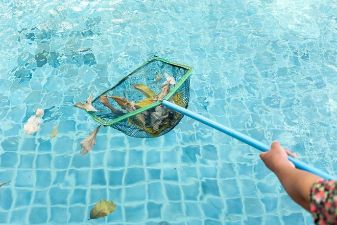 Hand using a net to scoop debris from a swimming pool.