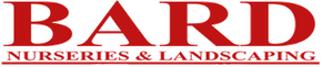 Logo for Bard Nurseries & Landscaping, red text on a white background. "BARD" is in a large font above the smaller text "NURSERIES & LANDSCAPING".