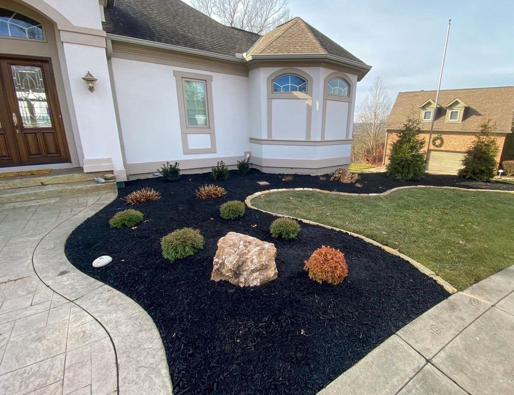 Curved flower bed with black mulch, green shrubs, and a large rock in front of a white house with a brown door.
