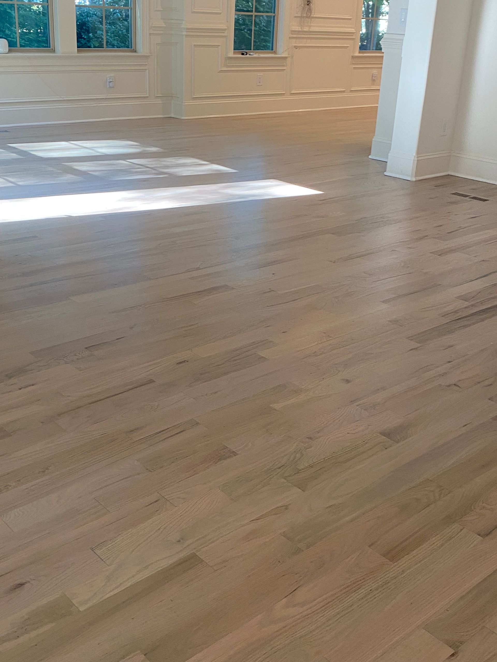 Light-colored hardwood floor in a bright room with natural light streaming across it.