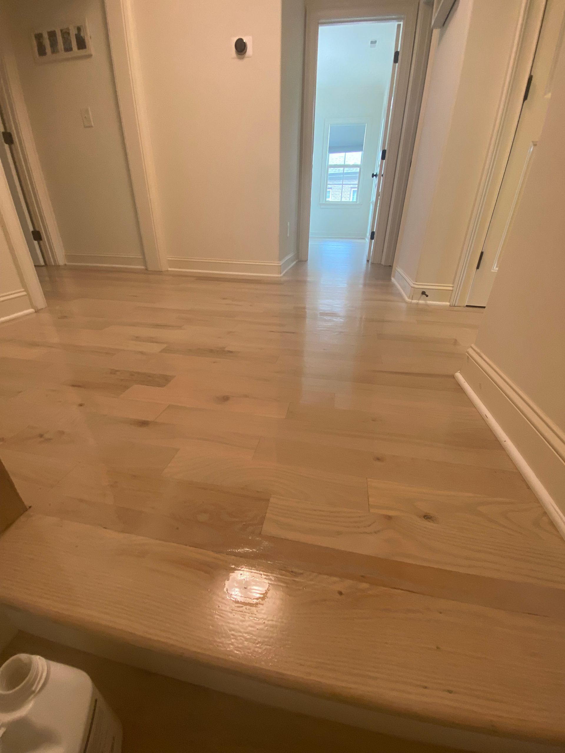 Hallway with light wood floor, white walls, and door frames. Sunlight enters from a far window.