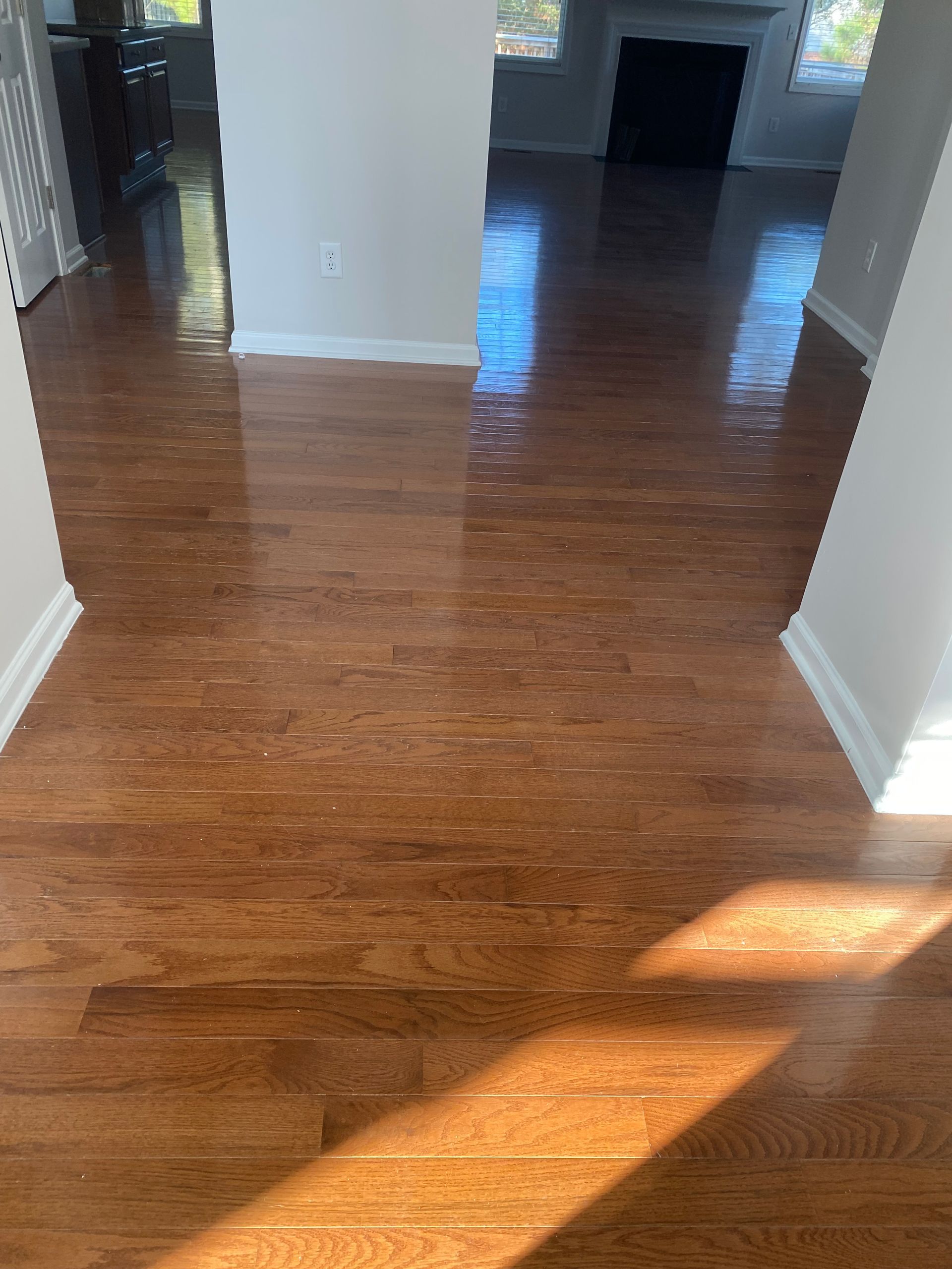 A living room with hardwood floors and a fireplace.