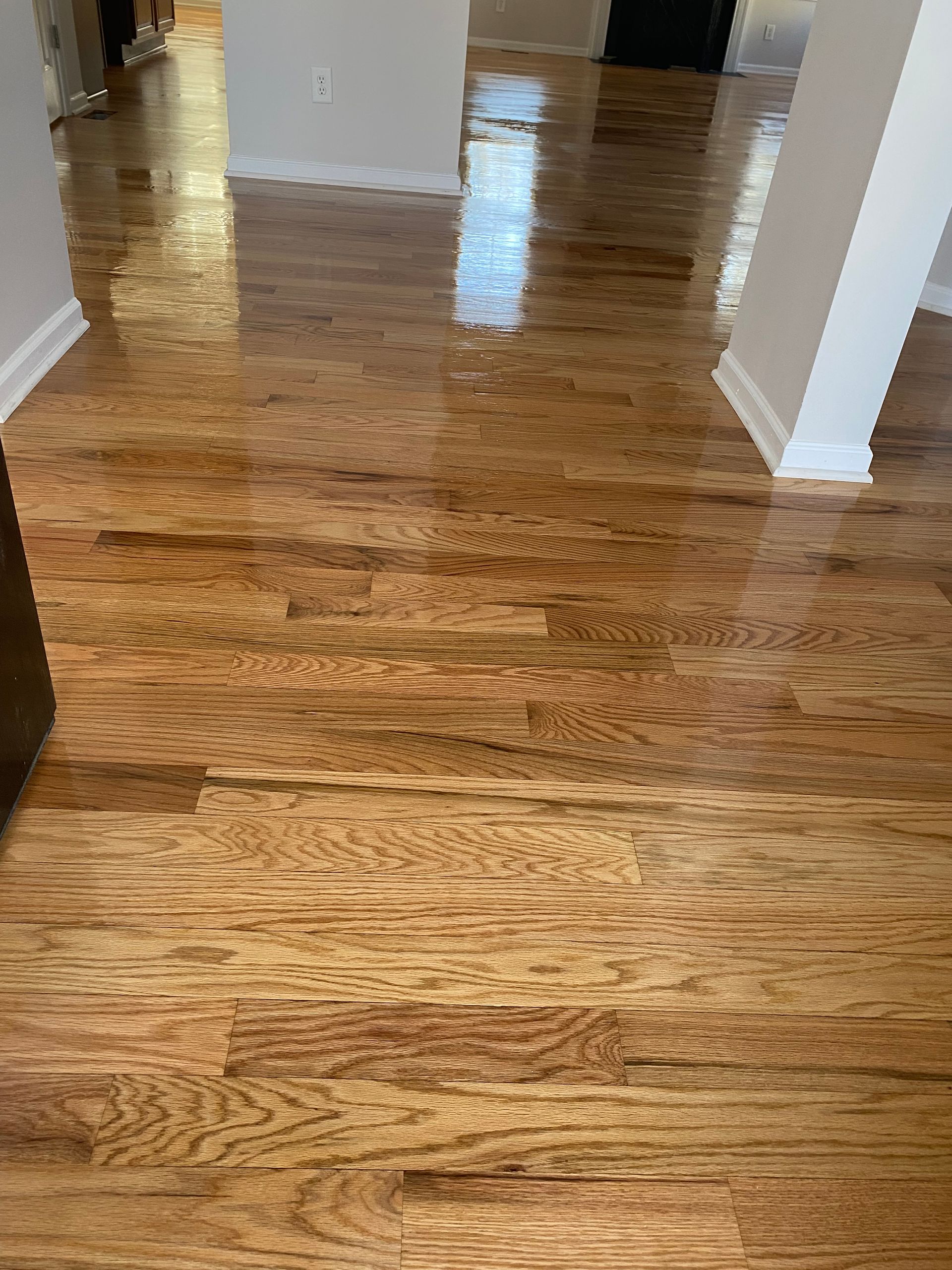 A living room with hardwood floors and white walls.