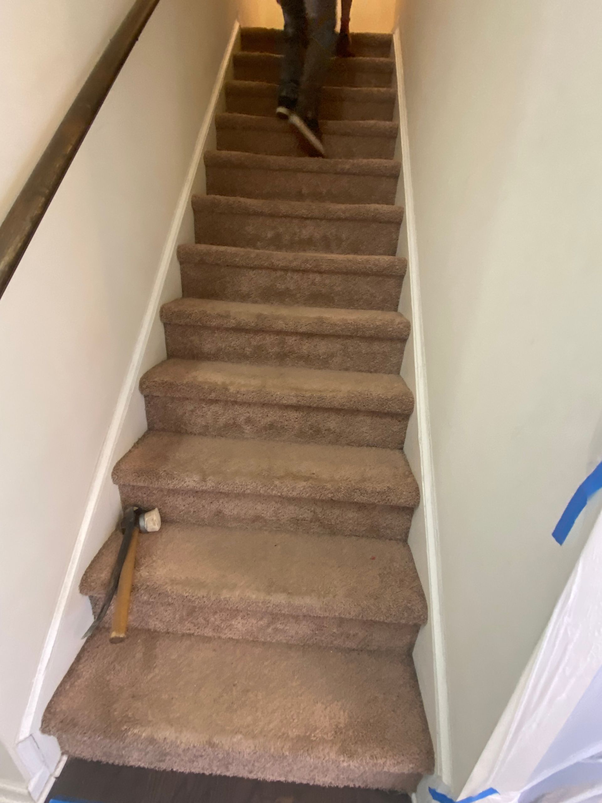 A person is walking up a set of stairs with carpet on them.