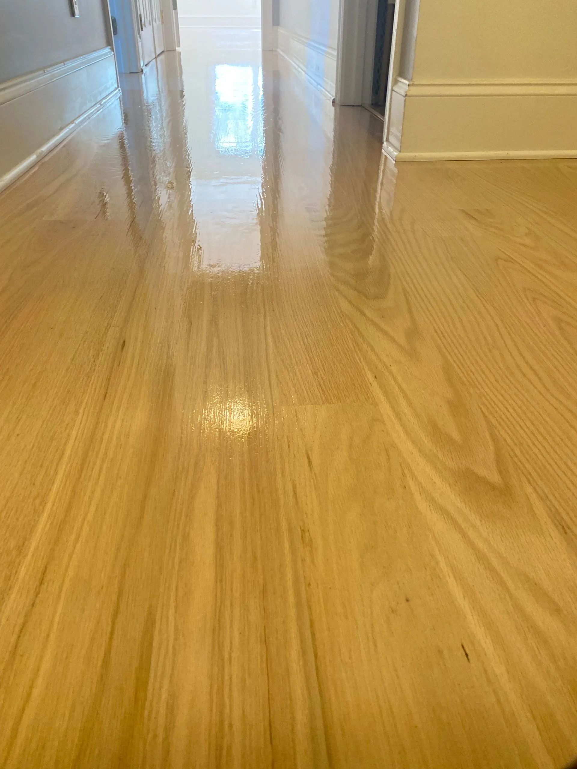 A close up of a wooden floor in a hallway.
