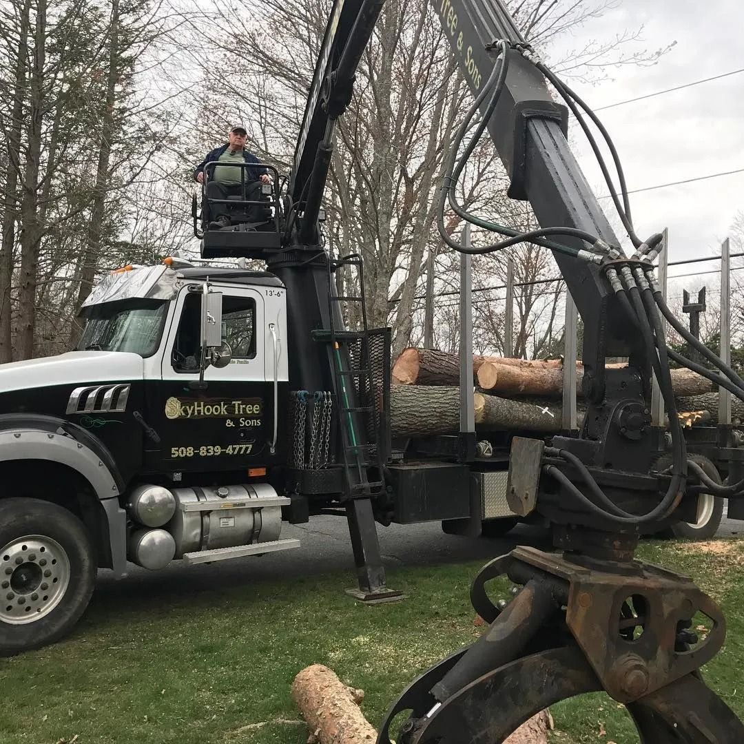 Truck with a boom lifting logs; worker in bucket, black and white truck with company logo.