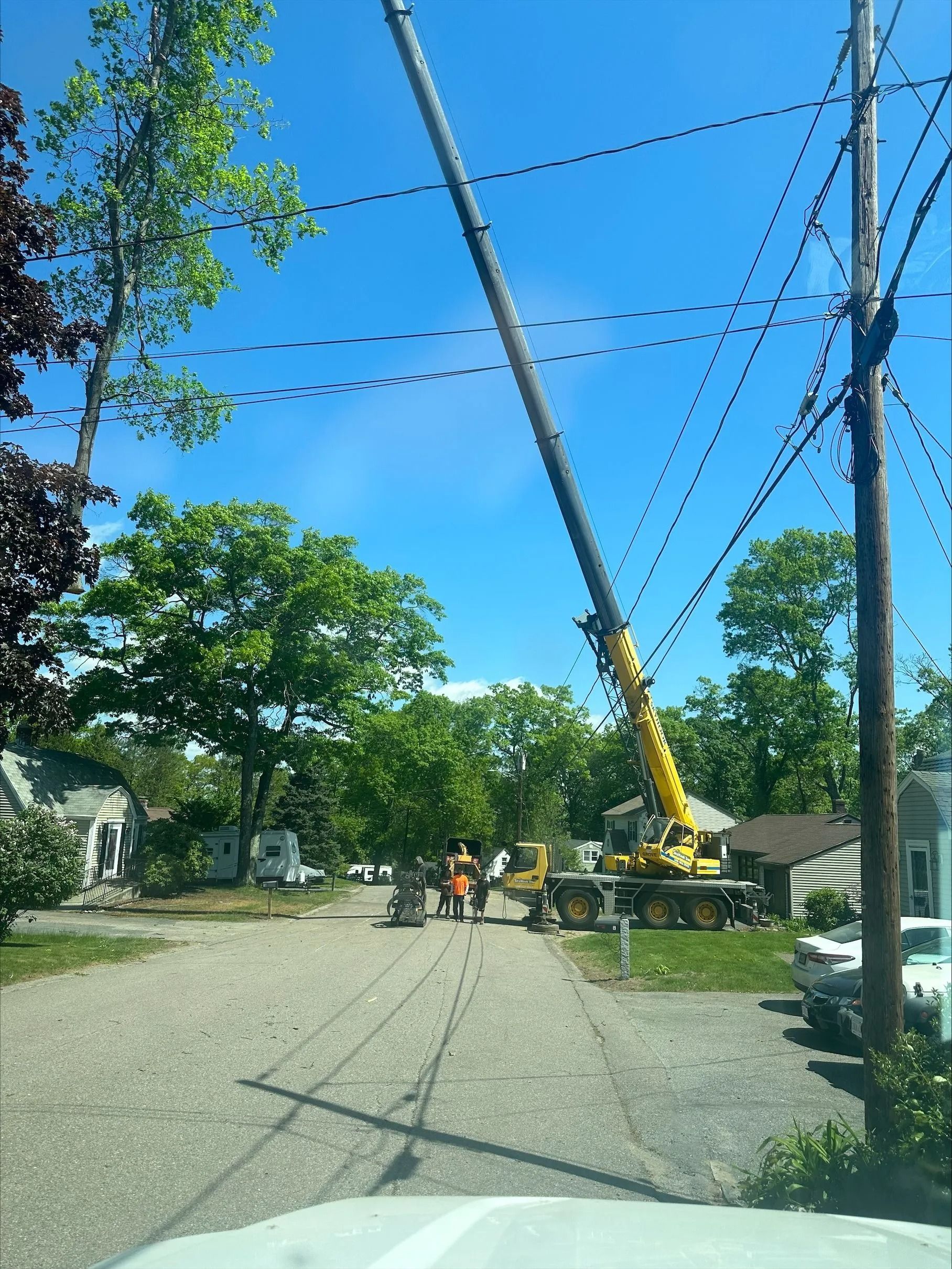 Large crane removing tree from residential street under bright blue sky.