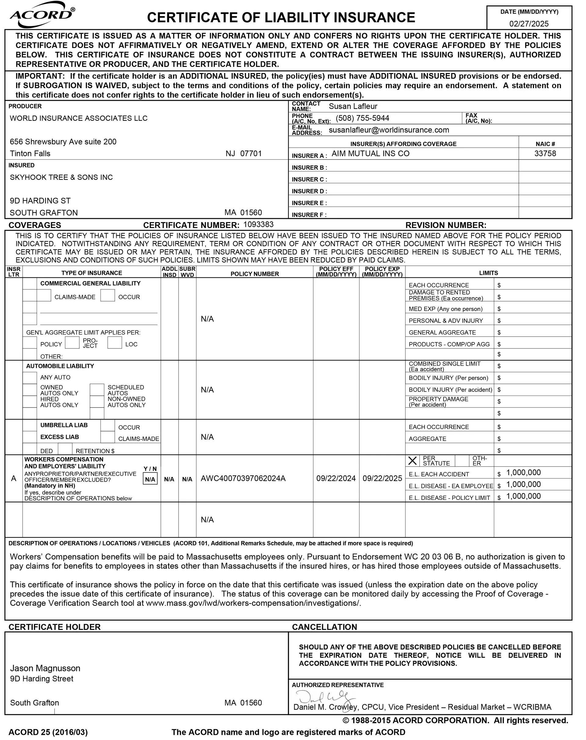 Certificate of Liability Insurance document, black text on white background, listing insurance coverage details.