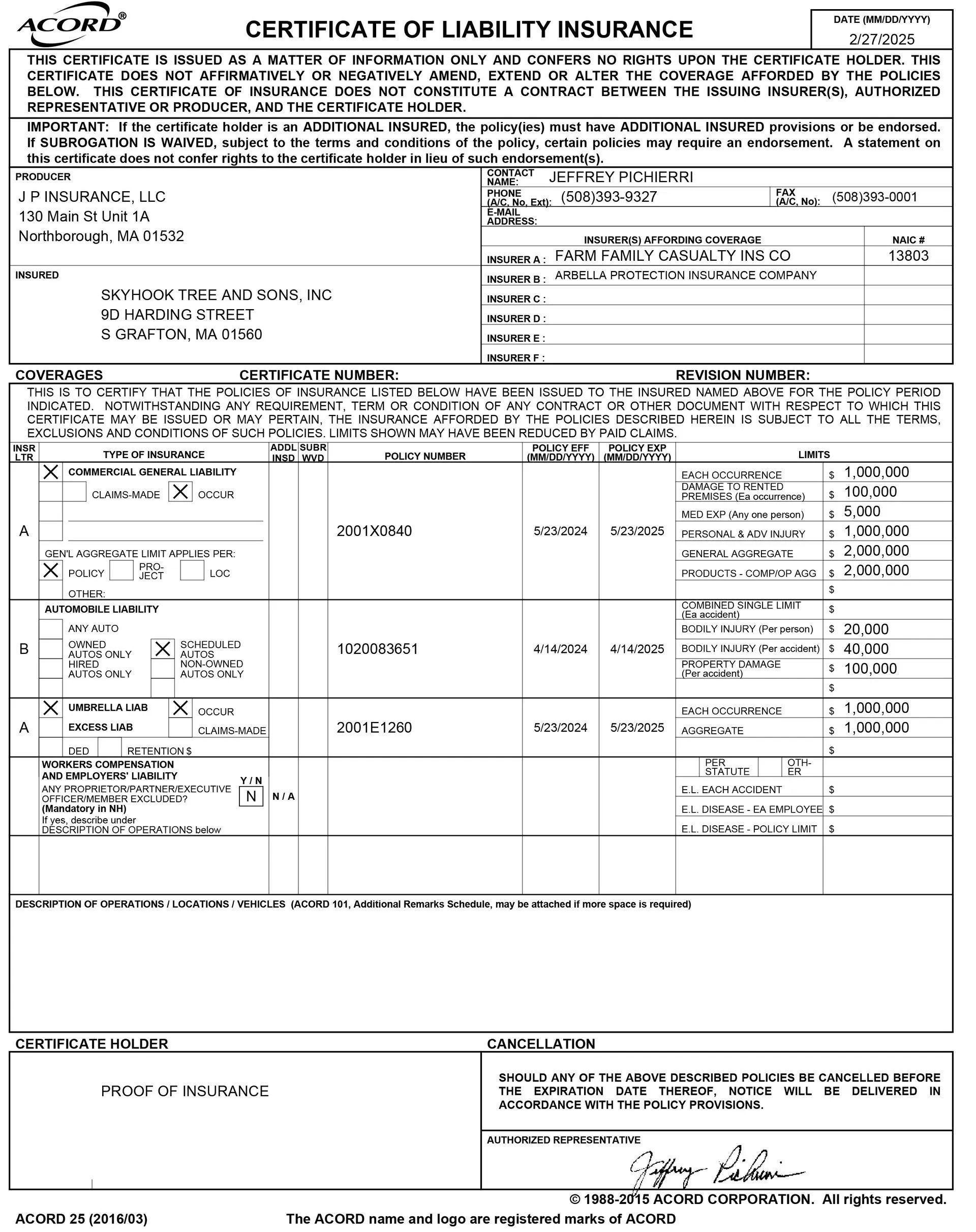 Certificate of Liability Insurance. A legal document with fields for information.