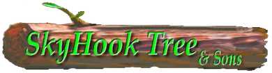 SkyHook Tree & Sons logo, green text on a log with green sprout.