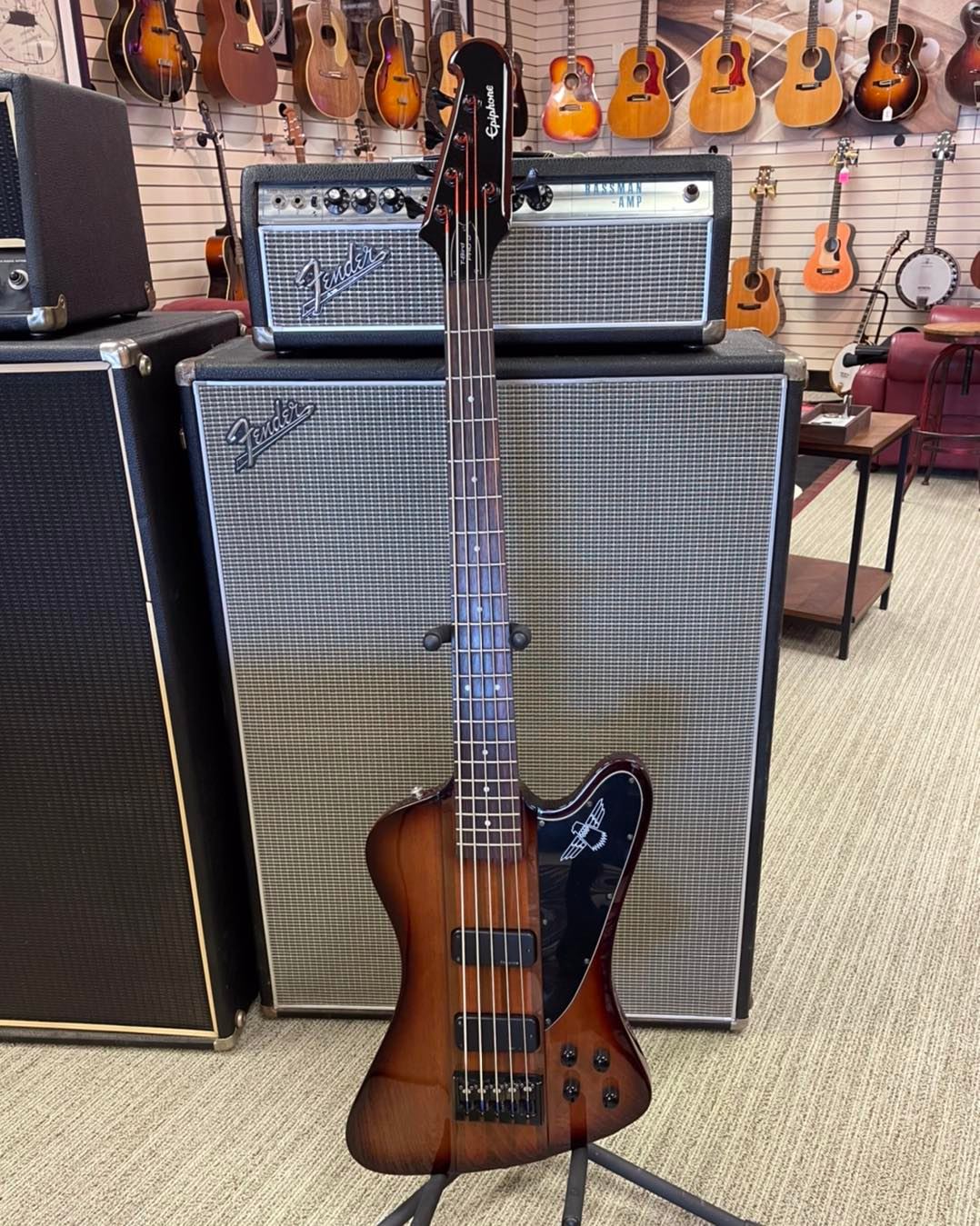 Five strings brown bass guitar