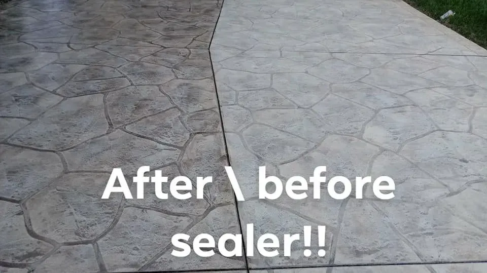 Concrete driveway, half sealed (right) and unsealed (left). The sealed side is glossy and lighter.