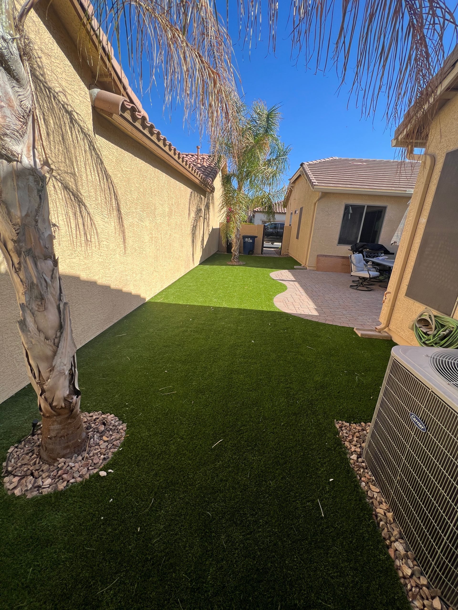 Backyard with green turf, tan buildings, and a palm tree under a bright blue sky.