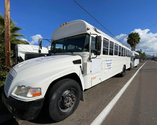 A white school bus is parked on the side of the road