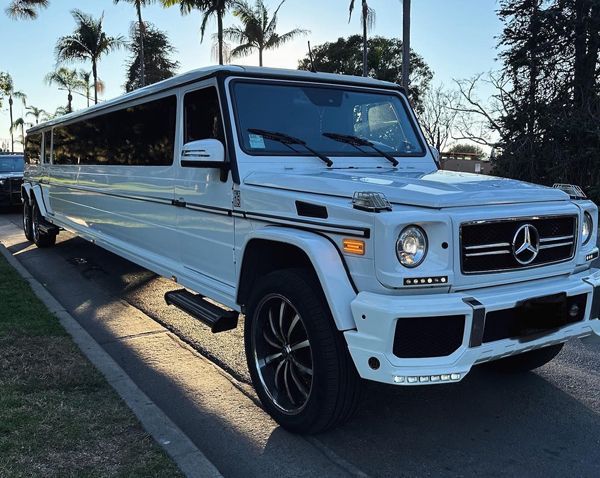 A white mercedes benz limousine is parked on the side of the road.