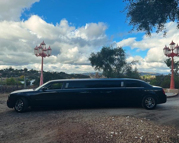 A black limousine is parked on the side of the road.