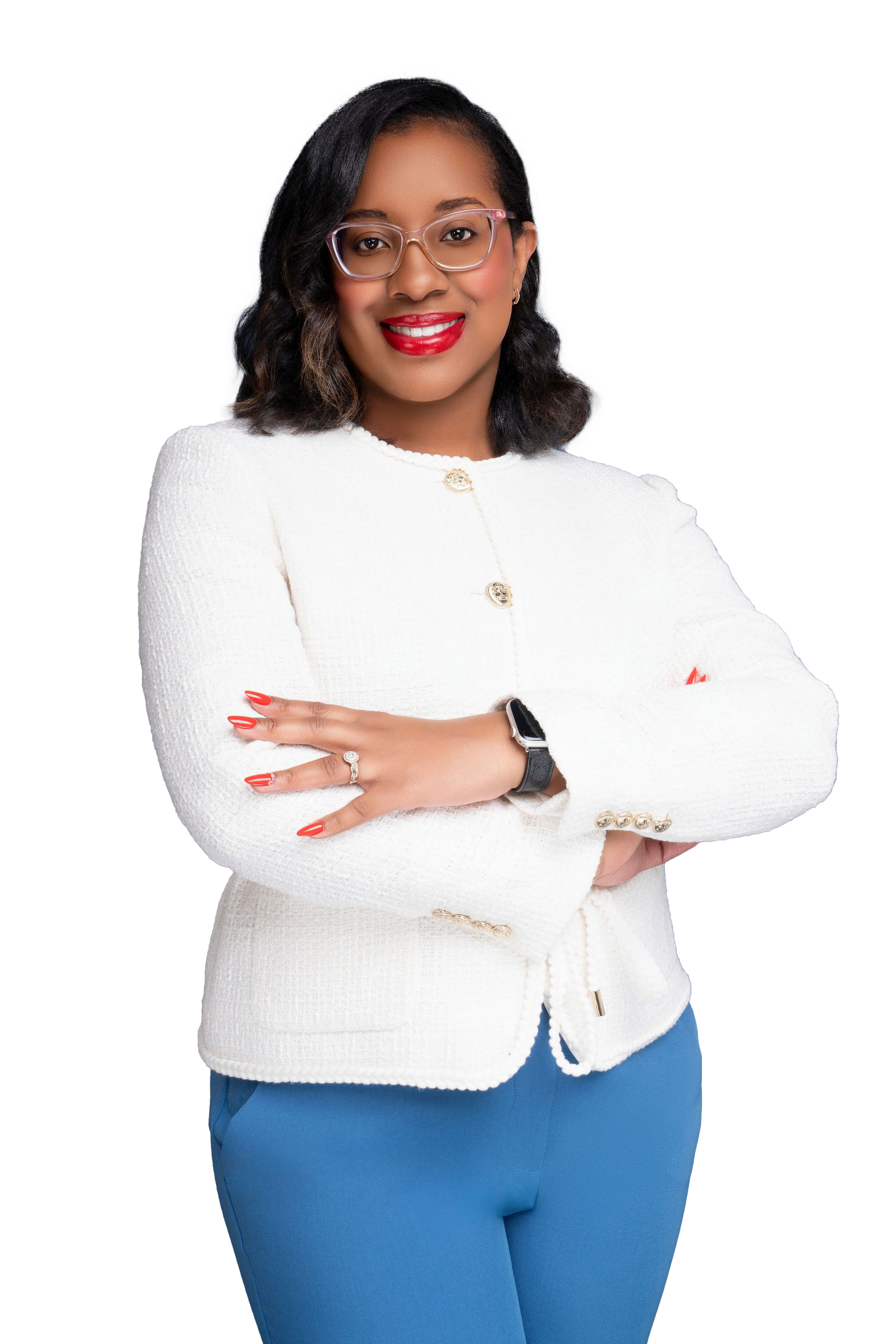 A smiling professional wearing glasses and a white tweed jacket with arms crossed, set against a white background.