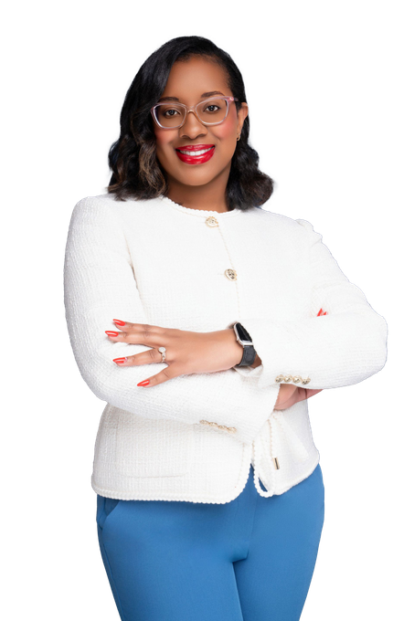 A smiling professional wearing glasses and a white tweed jacket with arms crossed, set against a white background.