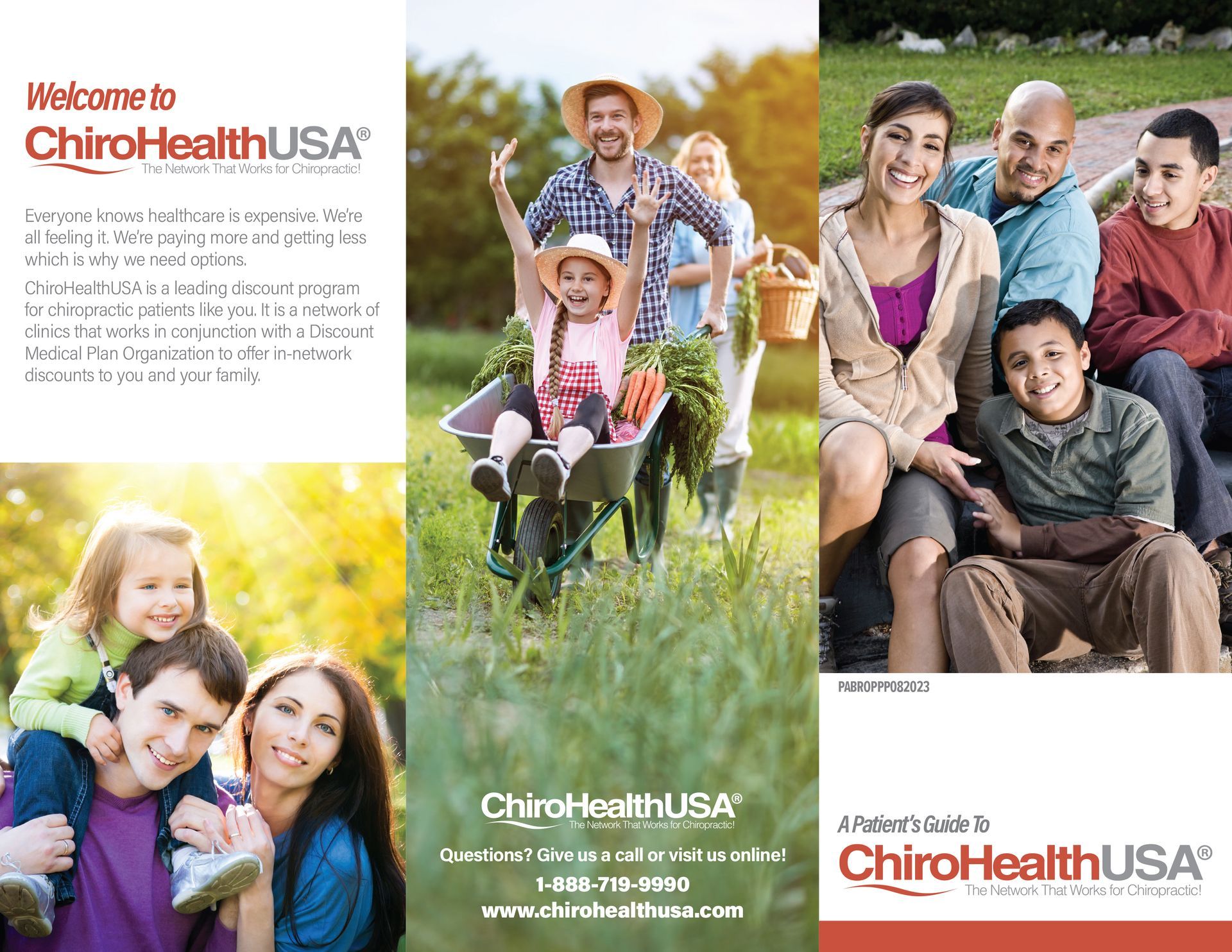 ChiroHealthUSA brochure with smiling families outdoors and logo panels on white and green backgrounds