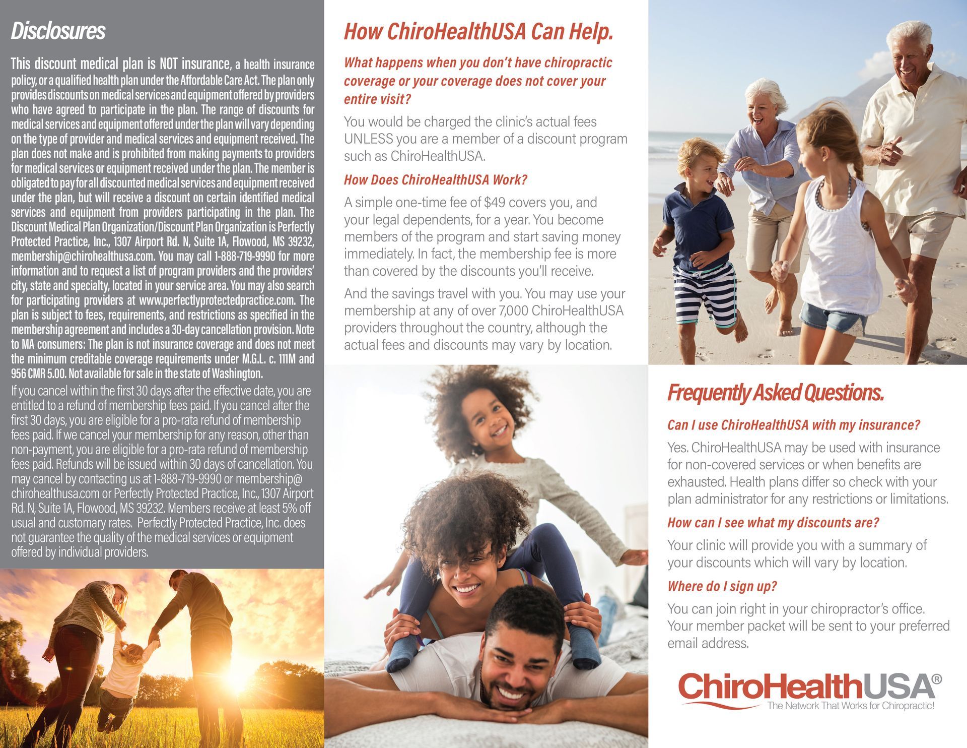 ChiroHealthUSA brochure with text and smiling family photos promoting chiropractic care