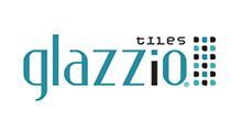 Glazzio Tiles logo with turquoise text and a grid of blue squares.