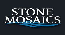 Logo of Stone Mosaics with white text on a dark background. Blue wavy lines are underneath the text.
