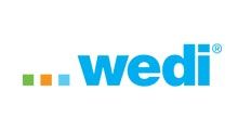 Logo of Wedi, blue text, three colored squares before the word, white background.