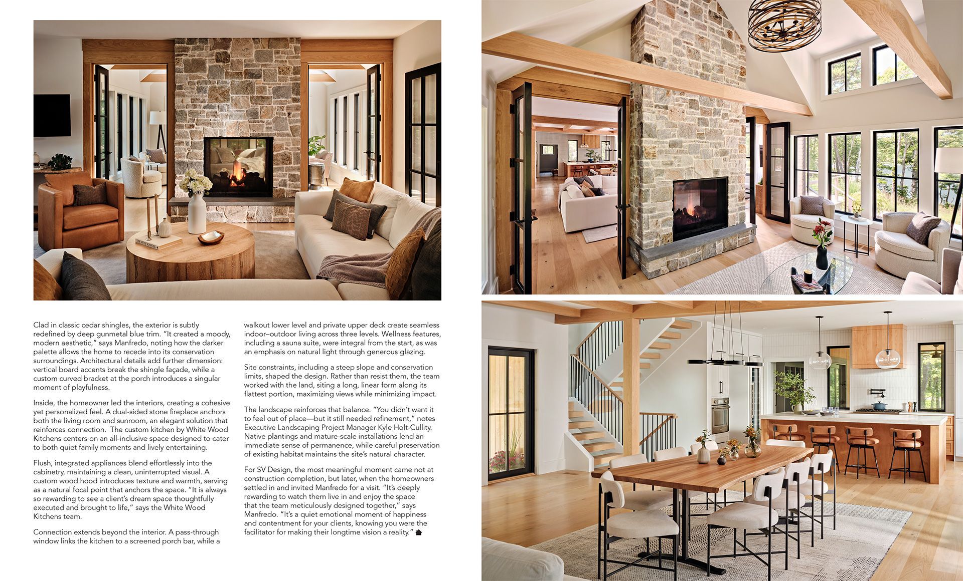 Magazine layout showing a bright rustic living room, kitchen, and dining area with wood beams and stone fireplace