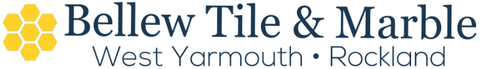 Logo for Bellew Tile & Marble. Blue feather graphic with a navy "B". Text: Bellew Tile & Marble, West Yarmouth &bull; Rockland.