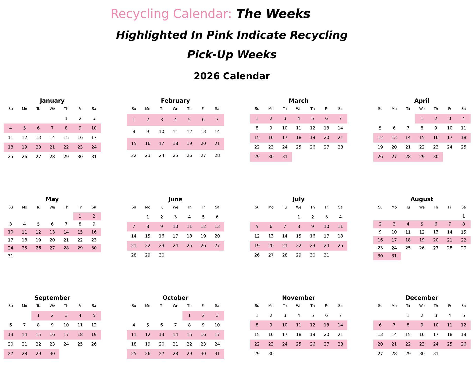 2026 calendar highlighting recycling pick-up weeks in pink.